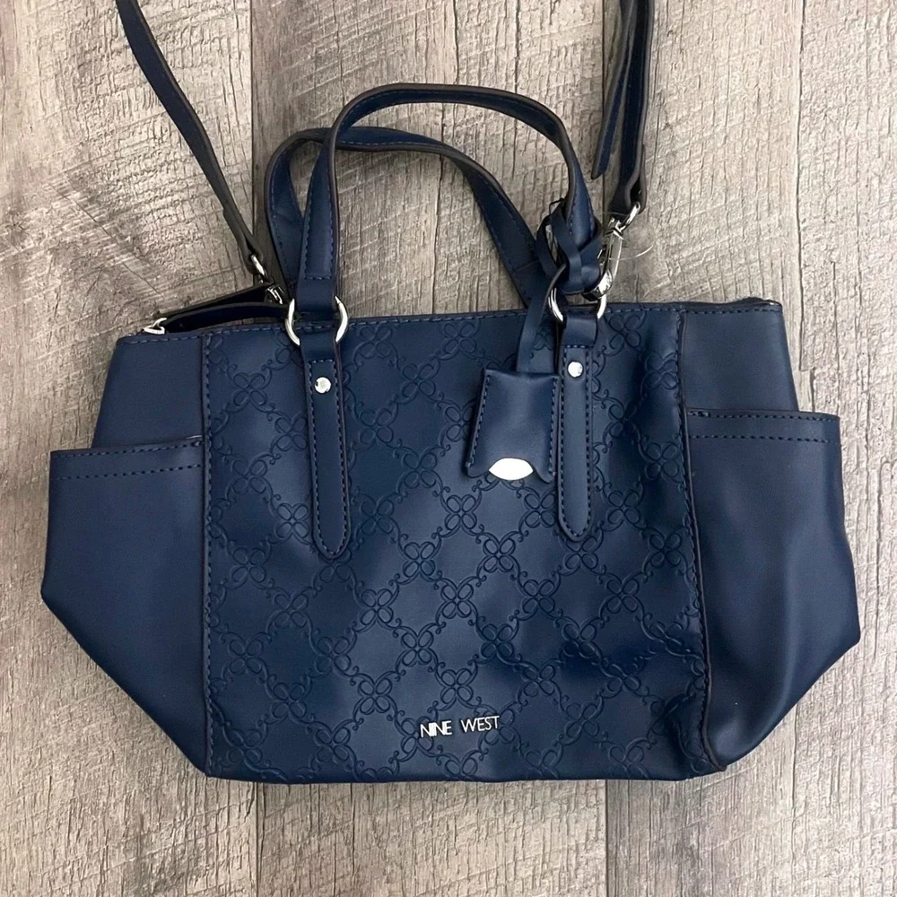 Nine West Navy Blue Embossed Logo Satchel‎ Crossbody Bag Silver Hardware